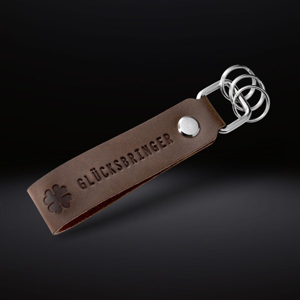 Glücksbringer Schlüsselanhänger Leder in Geschenkbox, Anhänger mit Kleeblatt Gravur, Viel Glück, wechselbare Schlüsselringe