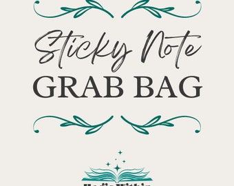 May include: A cream-colored graphic with the words "Sticky Note Grab Bag" in a mix of script and block letters. Decorative teal flourishes and a teal open book with stars and the words "Magic Within" complete the design.