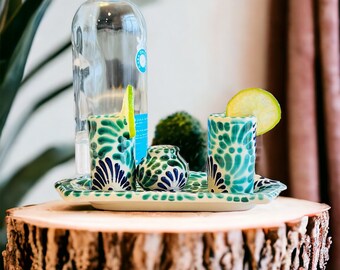 Green Blue Talavera Pottery Shot Glasses with salt shaker and plate (Set of 4), Tequila Gifts, Dating Anniversary, Valentines Gifts