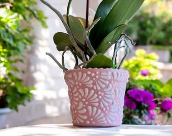 Pink-White Talavera Pot with Drainage – Handmade Mexican Planter – Succulent, Orchid & Cactus Pot – Dulce Nostalgia