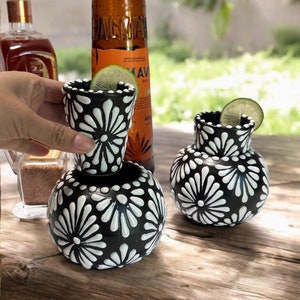 Black & White Talavera Schnapsgläser Set mit Cooler - Handgefertigte mexikanische Tequila Mezcal Tassen