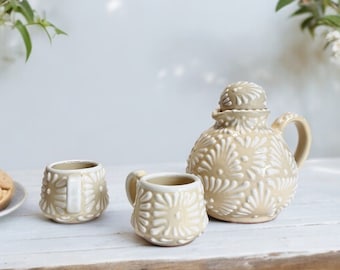 Juego de tetera Talavera color marfil con motivos florales – Juego de té de cerámica hecho a mano, elegante regalo de cerámica mexicana