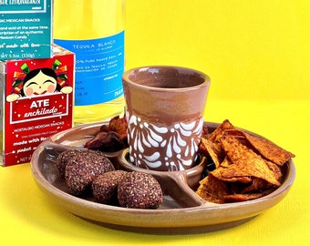 Talavera Tequila-shotglas med snackstallrik – Handgjord mexikansk keramikgåva
