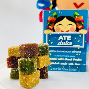 Veganistisch snoep, fruitpasta, Pâte de Fruits, Zoete fruitblokjes, Veganistisch snoep, Ate de Frutas, Mexicaans snoep, Bedankdoosjes