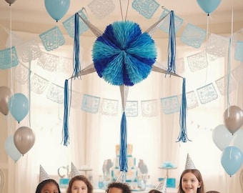 Blue Giant Mexican Star Piñata – Handmade Papel Picado, Fiesta Decoration & Candy Holder