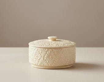 White Talavera Lidded Serving Bowl – Handcrafted Pottery Tortilla Warmer – Embossed Dish - Jewelry Box