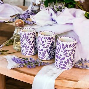 Lavender color with a cream background Shot glasses from Talavera pottery: authentic Mexican ceramics, hand-painted designs, vibrant colors, unique gift, Mexican craftsmanship, Talavera tradition, tequila, mezcal, lavender wedding decor, lavender cup