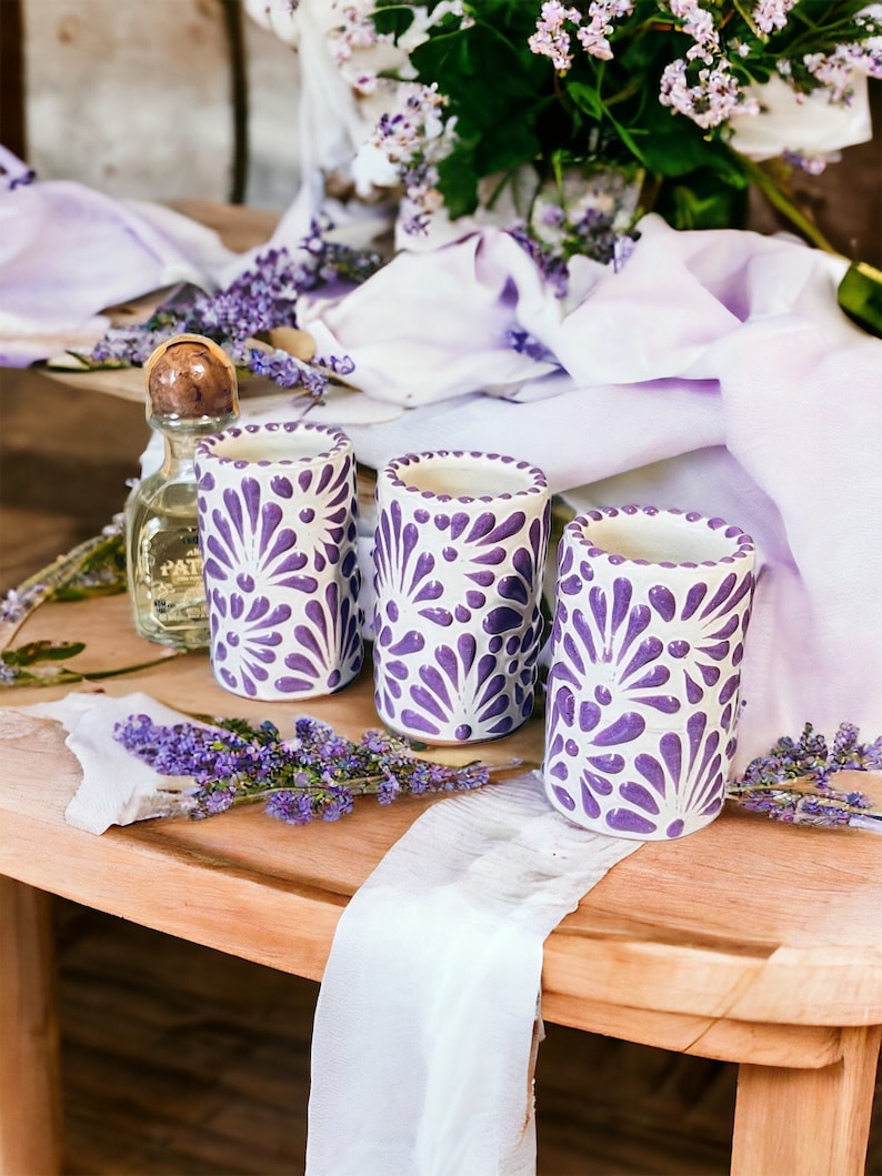 Lavender color with a cream background Shot glasses from Talavera pottery: authentic Mexican ceramics, hand-painted designs, vibrant colors, unique gift, Mexican craftsmanship, Talavera tradition, tequila, mezcal, lavender wedding decor, lavender cup
