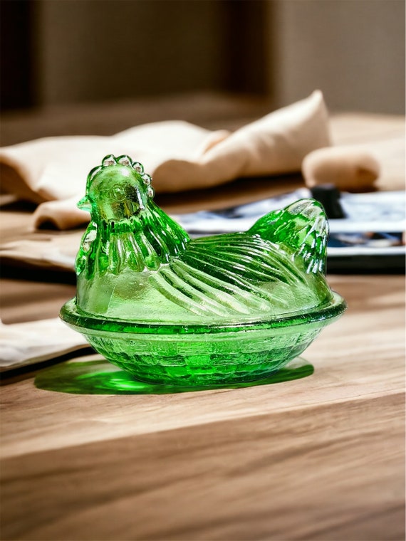 Vintage Green Glass Hen on Nest – Handmade Mexican Candy Dish
