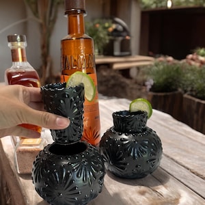Black Tequila Shot Glass Set with Talavera Cooler 1 set,  Authentic Mexican Glasses, Lead-Free, Handcrafted – Perfect for Weddings & Parties