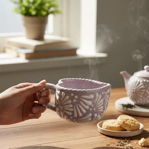 May include: A lavender ceramic teacup with a white floral design is held in a hand. Steam rises from the cup. A matching teapot, cookies, and a small potted plant are also visible on a wooden table, creating a cozy tea setting.