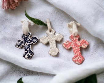 Talavera Pottery Hangable Cross, Ceramic Cross Ornament, Handmade Cross, Wedding Favor, First Communion, Baptism Favor, Religious Ornament