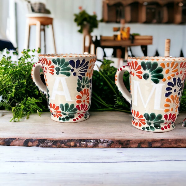 Initial Mug Talavera Pottery by Dulce Nostalgia, Flowers Mug, Boho Wildflowers Cottagecore Coffee Mug, Vintage Botanical Tea Cup,