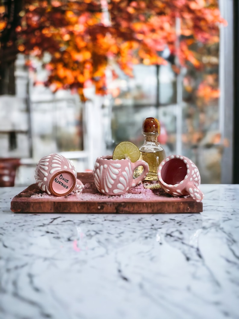 Äkta Talavera-shotglas med handtag | Handgjord mexikansk mezcalkopp | Blyfri PINK