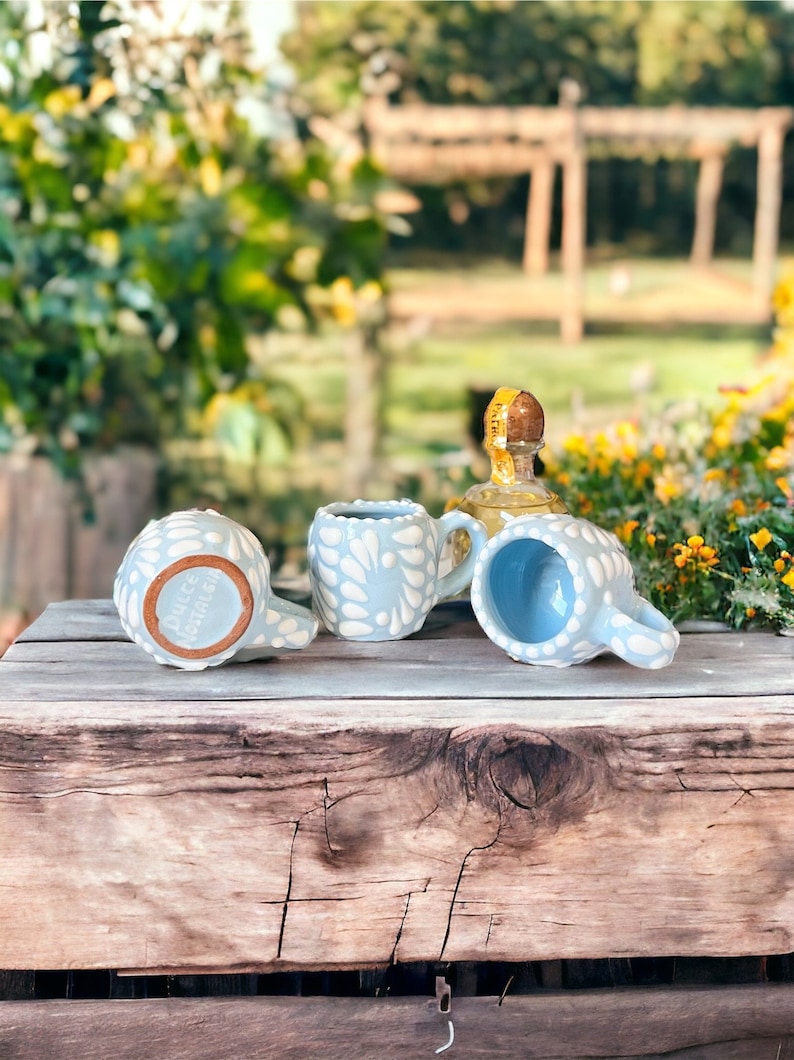 Äkta Talavera-shotglas med handtag | Handgjord mexikansk mezcalkopp | Blyfri Blue