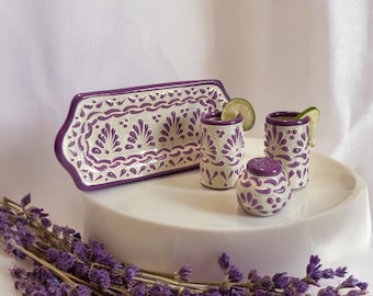 Lavendel Talavera Shotglasset med Saltkar och Tallrik – Handgjord mexikansk keramikgåva