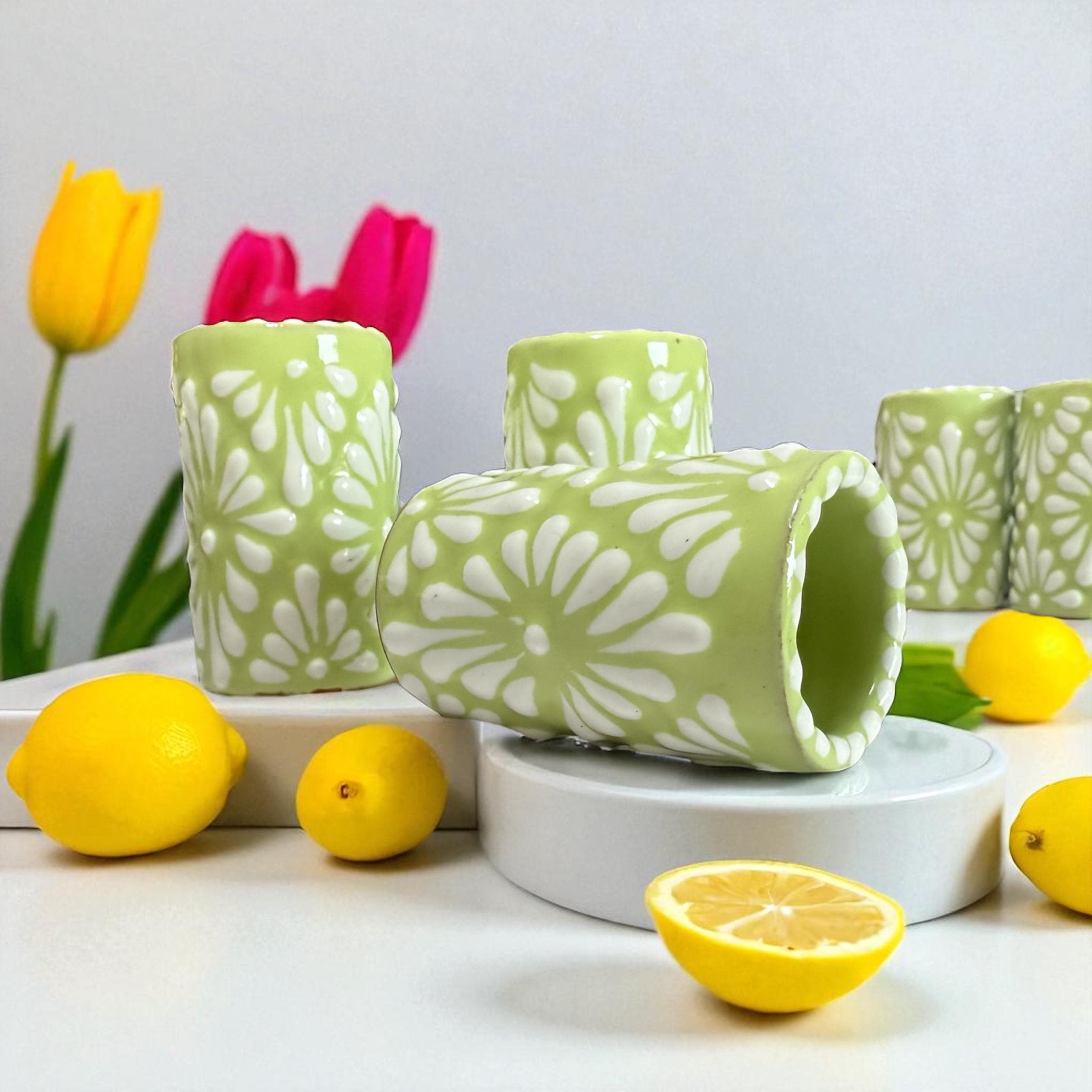 Handmade Talavera Shot Glass: Lemon & White Mexican Pottery