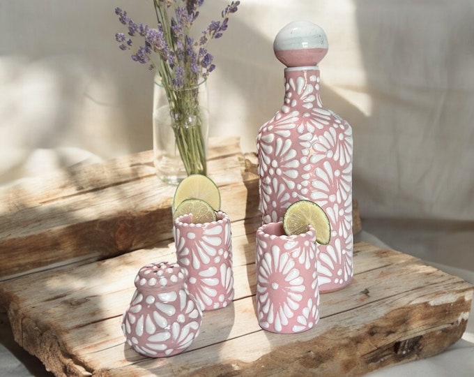 Pink Talavera Decanter Set – Handmade Mexican Pottery Tequila Bottle with Shot Glasses & Salt Shaker