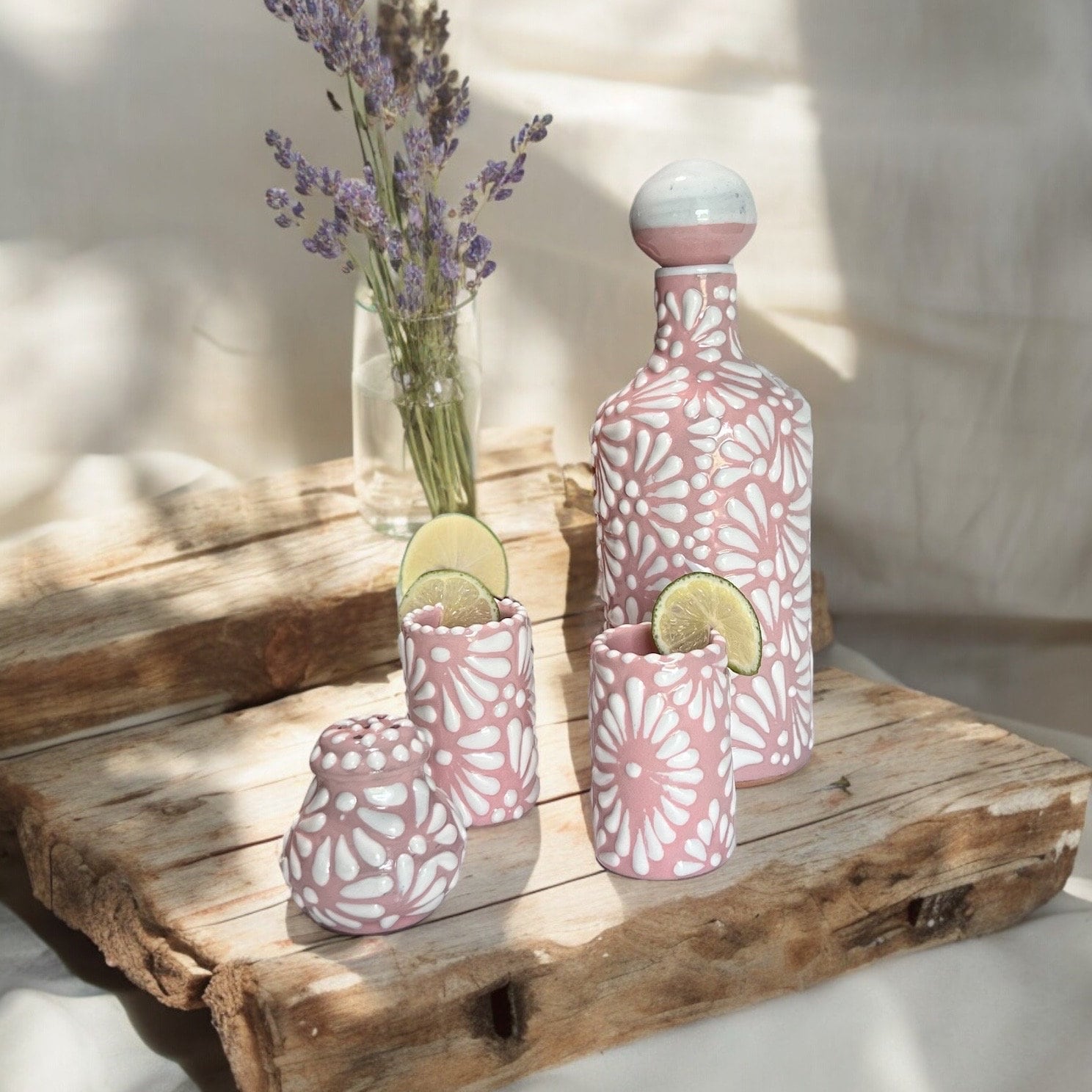Pink Tavalera Pottery Ceramic Set Decanter Dulce Nostalgia Edition Luxury 500 ml, Tequila Bottle Set, Decanter, Pottery Decanter