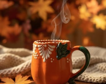 Pumpkin Talavera Mug – Handmade Mexican Ceramic Coffee Cup – Fall & Halloween Decor