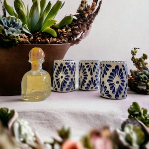 Blue Talavera Shot Glass – Handmade Mexican Ceramic Tequilero – Wedding or Mezcal Favor
