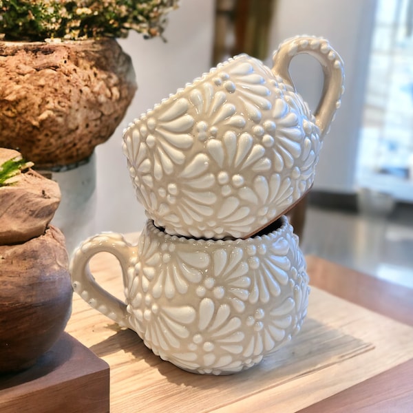 Handmade Ivory Talavera Mug, Floral Ceramic Tea Cup – Pottery Gift