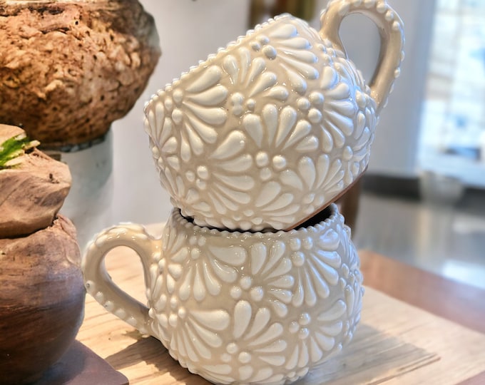 Handmade Ivory Talavera Mug, Floral Ceramic Tea Cup – Pottery Gift