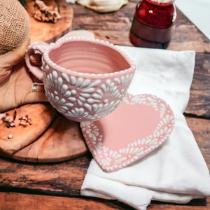 Heart mug and plate Talavera Pottery Set by Dulce Nostalgia, pink mug, Heart pink plate, tea house, coffee decoration, ceramic tableware.