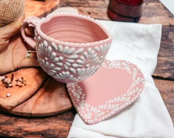 Heart mug and plate Talavera Pottery Set by Dulce Nostalgia, pink mug, Heart pink plate, tea house, coffee decoration, ceramic tableware.
