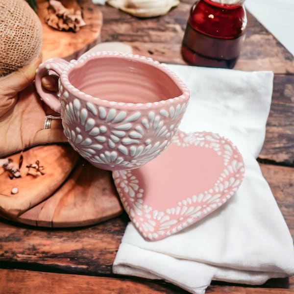 Set Taza y Plato Corazón Talavera Pottery Set de Dulce Nostalgia, taza rosa, plato Corazón rosa, casa de té, decoración café, vajilla de cerámica.