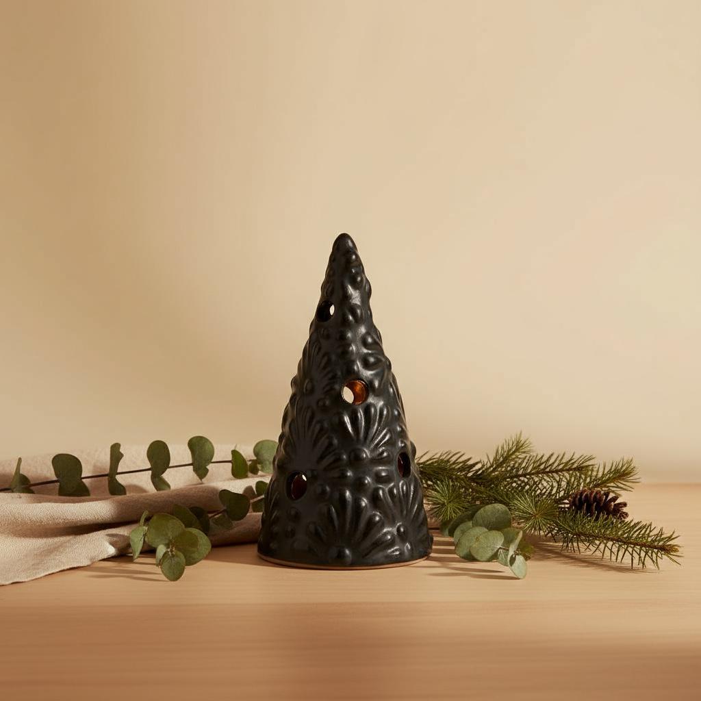 タラベラクリスマスツリーキャンドルホルダー - 手作りメキシコ陶器