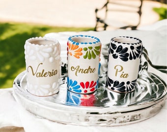 Personalized shot glasses with vinyl or without, Talavera Tequila Shot Glass (1pz), Mexican Drinkware,  Custom Wedding Reception Bar