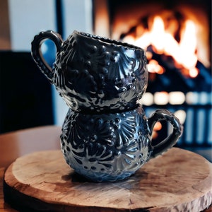 Black Talavera Mug – Handmade Mexican Ceramic Coffee Cup – Luxury Drinkware
