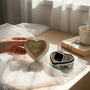 Blue Personalized Heart Jewelry Box with Name - Handmade Talavera Ceramic Keepsake – Bridesmaid Gift