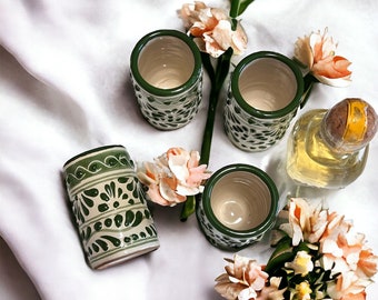 Green and Ivory Handmade Shot glasses Talavera Bridal Shower Weekend Glass (1 pc) - Party Favors - Party Gifts, Bridesmaids Gifts, Caballito