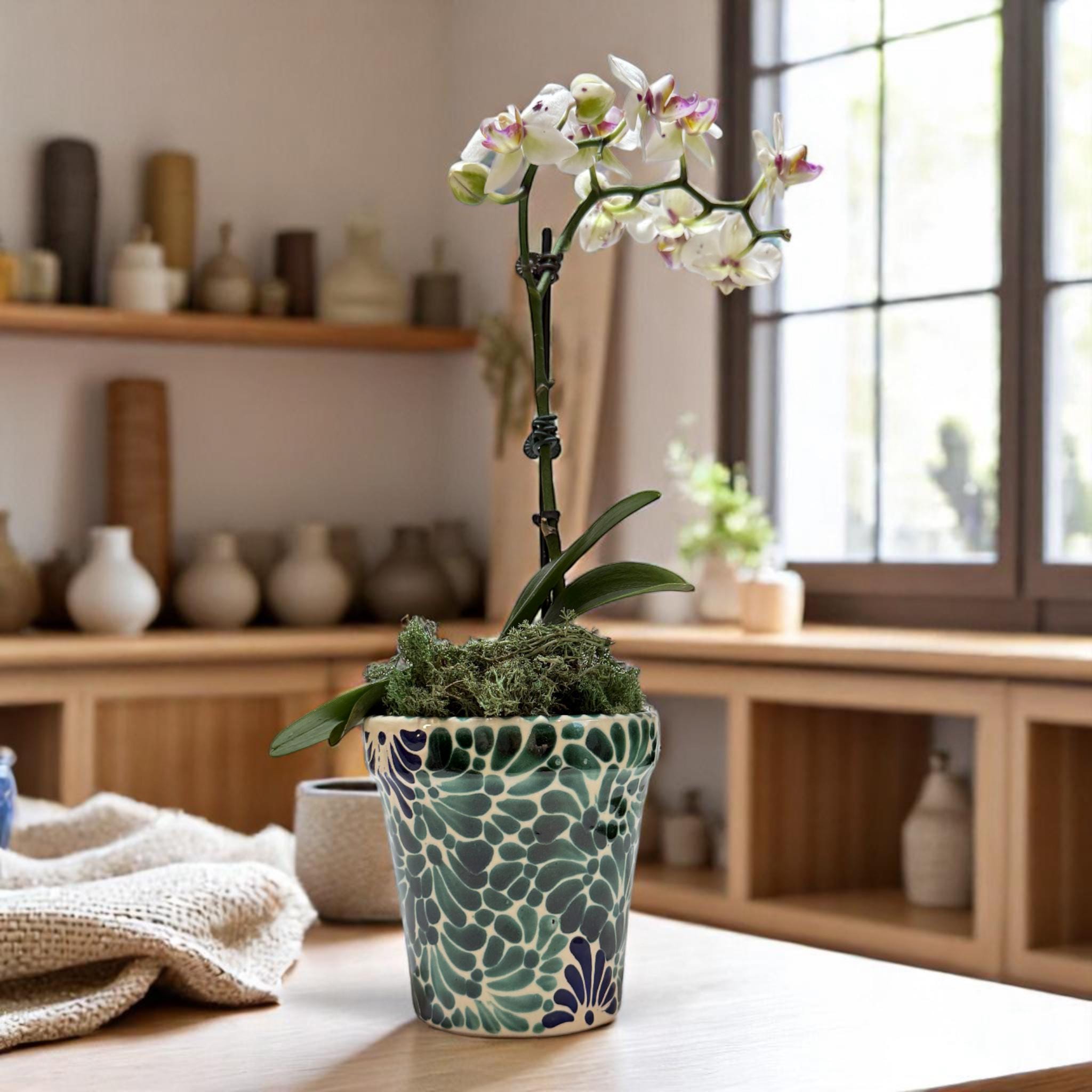 Green Blue Talavera Flower Pot 4.92” (1 pz), Handmade Mexican Ceramic Planter with Drain Hole | Hand Painted Pottery | Indoor Outdoor Decor