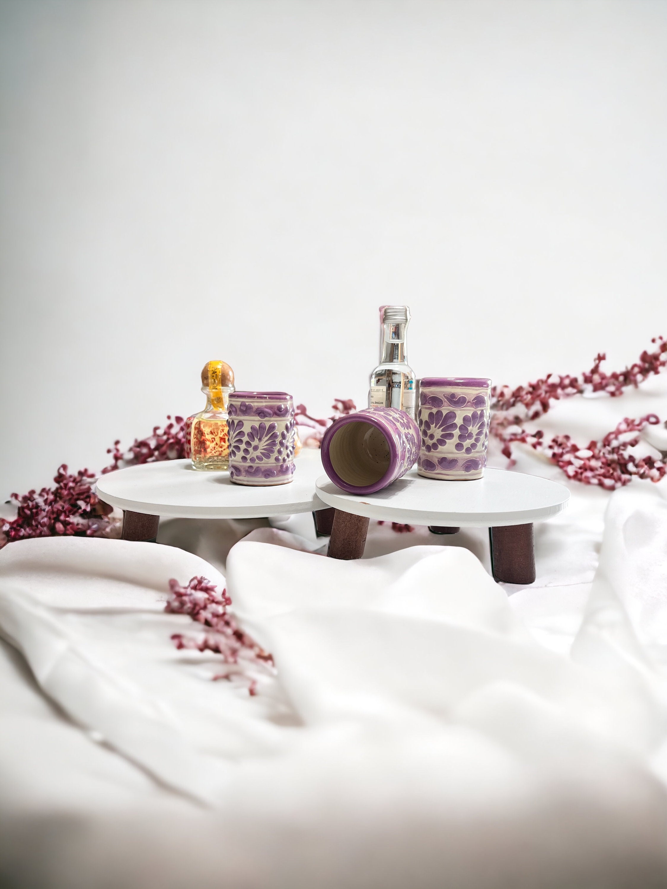 Lavender Talavera Shot Glass – Mexican Wedding Favor – Handmade Purple & Cream Tequila Cup – Bachelorette Party Gift 1pc