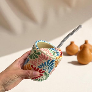 Hand-Painted Talavera Travel Mug | 12 oz Lead-Free Mexican Ceramic Tumbler | Multicolor Artisan Coffee Cup