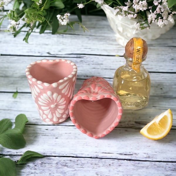 Pink Heart Talavera Shot Glass – Handmade Mexican Pottery Mezcalero Favor