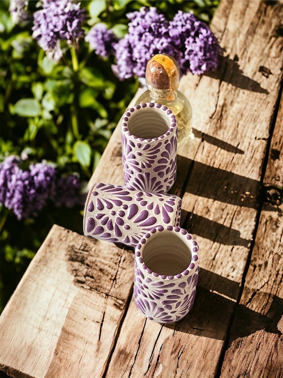 MEXTEQUIL Talavera Blue Ceramic Mexican Tequila Shot Glasses, 2 Oz, Set