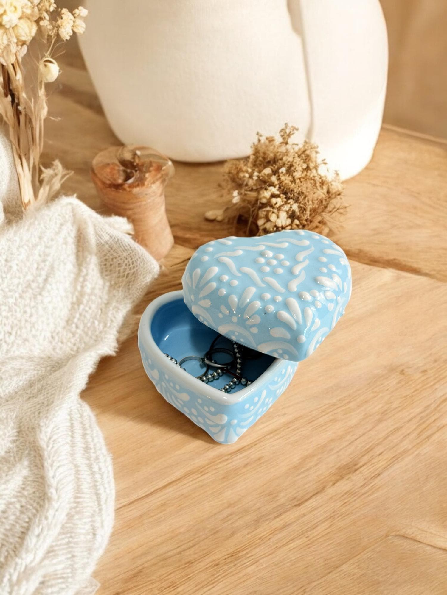 Light Blue Talavera Heart Jewelry Box – Handmade Mexican Ceramic