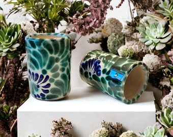 Green Talavera Shot Glass: Handmade Mexican Pottery Tequilero
