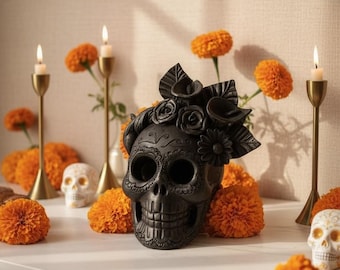 Mexican Black Ceramic Skull– Handmade Day of the Dead Decor