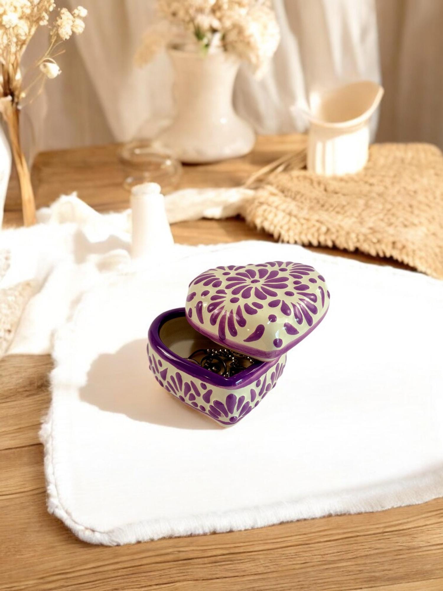Purple Talavera Heart Jewelry Box – Handmade Mexican Ceramic