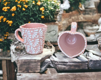 Pink Heart (Tall) Mug Handcrafted Talavera Pottery Mug 350ml | Heart-Shaped  | Lead and Toxin Free | HandPainted | Coffee Mugs & Tea Cups