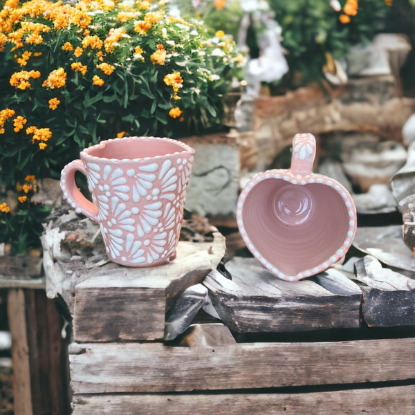 Pink Heart (Tall) Mug Handcrafted Talavera Pottery Mug 350ml | Heart-Shaped  | Lead and Toxin Free | HandPainted | Coffee Mugs & Tea Cups