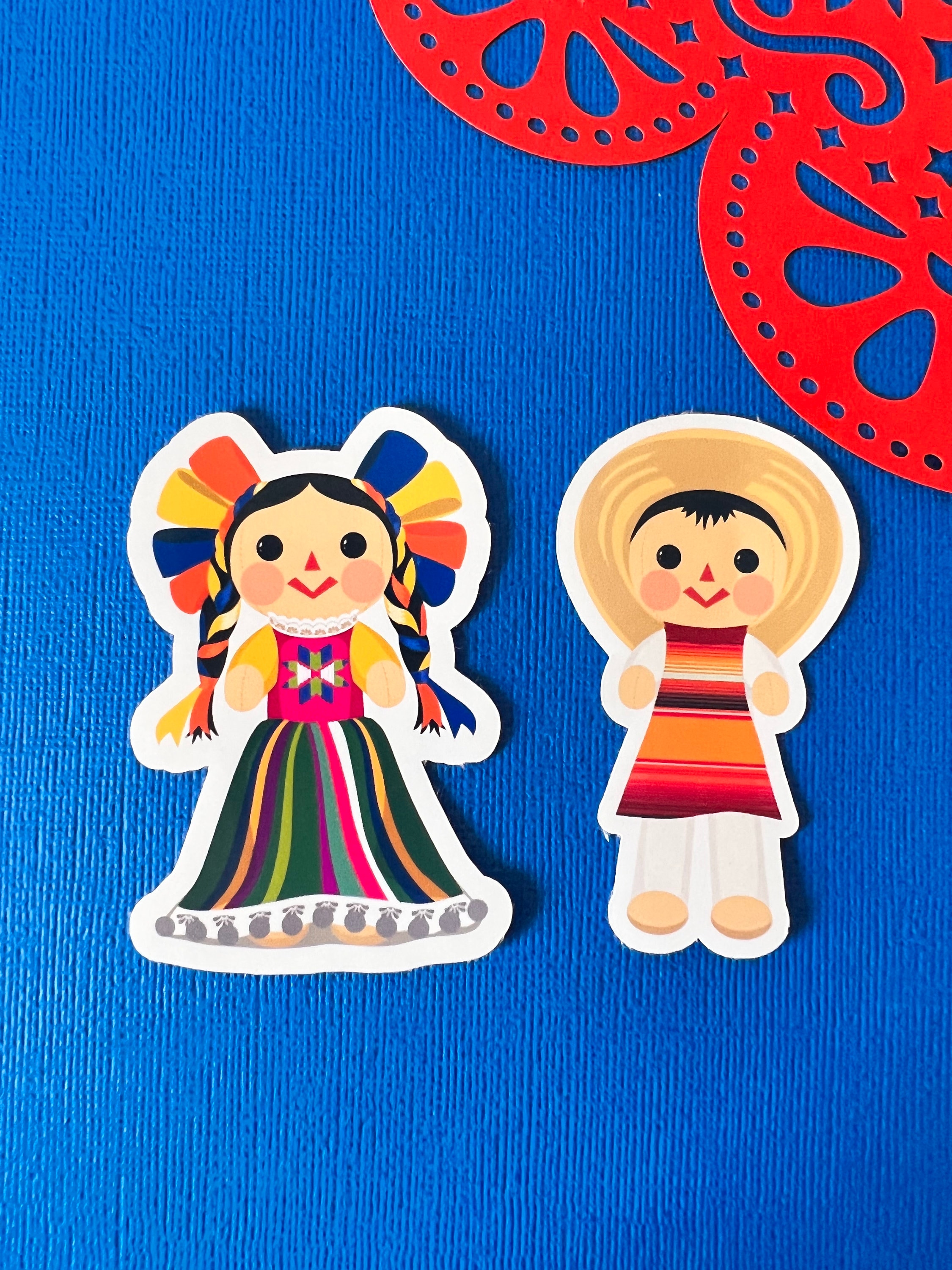 Pegatina de muñeca mexicana Lele y Panchito con número de seguimiento