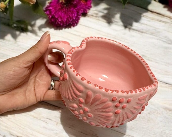 Hand-Painted Talavera Pottery Mug: Pink Heart Ceramic Coffee Cup