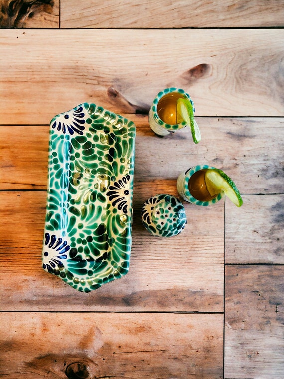 Set di bicchierini da shot di tequila in ceramica Talavera: saliera messicana e piatto - Italia