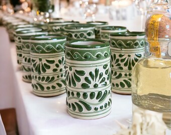 Green & Ivory Talavera Shot Glass – Handmade Mexican Ceramic Tequilero – Wedding Favor